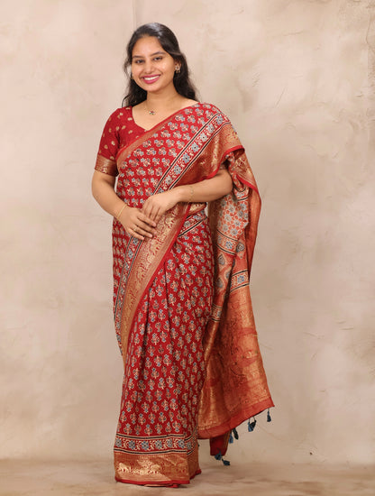 Red Ajrakh Handblock printed Dola Silk Saree | Looms & Tassels