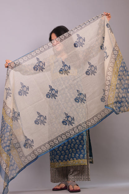 Cyan Blue Handblock printed kota 3 piece suit with chudi sleeves (stitched)