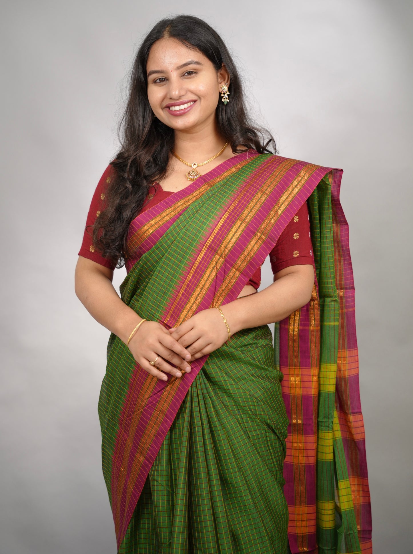 Parrot Green Checks Narayanpet Cotton Saree with Traditional contrast Border | Looms & Tassels