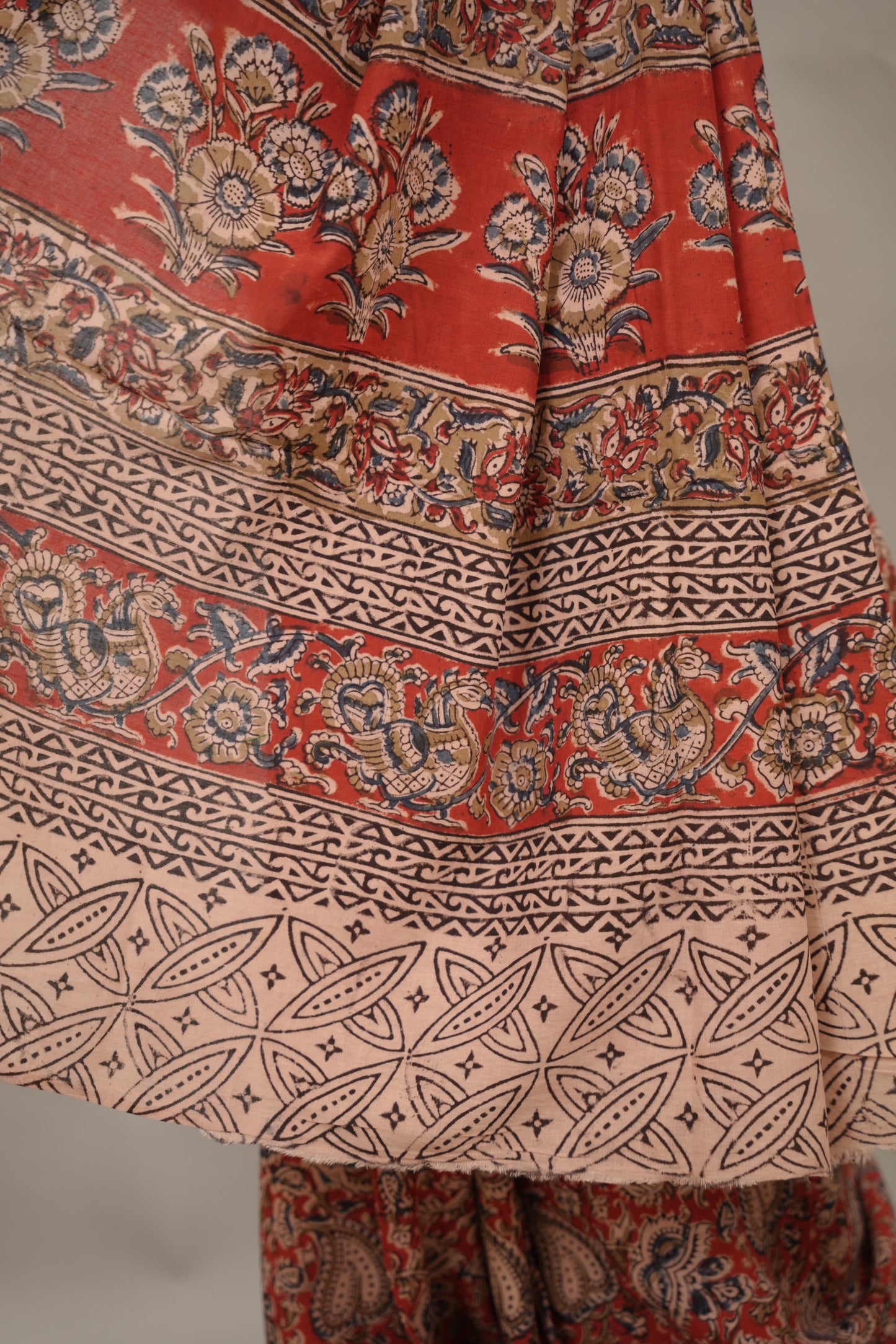 Red Hand Block Printed Kalamkari Cotton Saree | Looms & Tassels