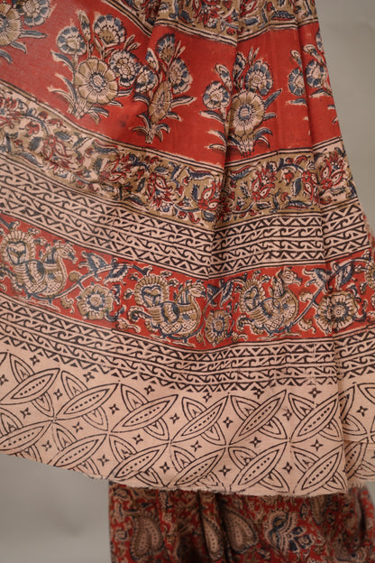 Red Hand Block Printed Kalamkari Cotton Saree | Looms & Tassels