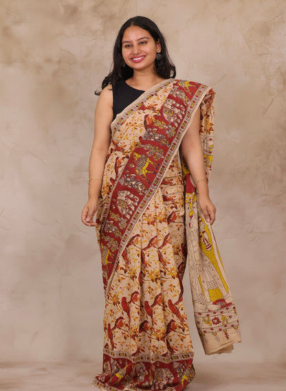 Cream Kalamkari Cotton Saree