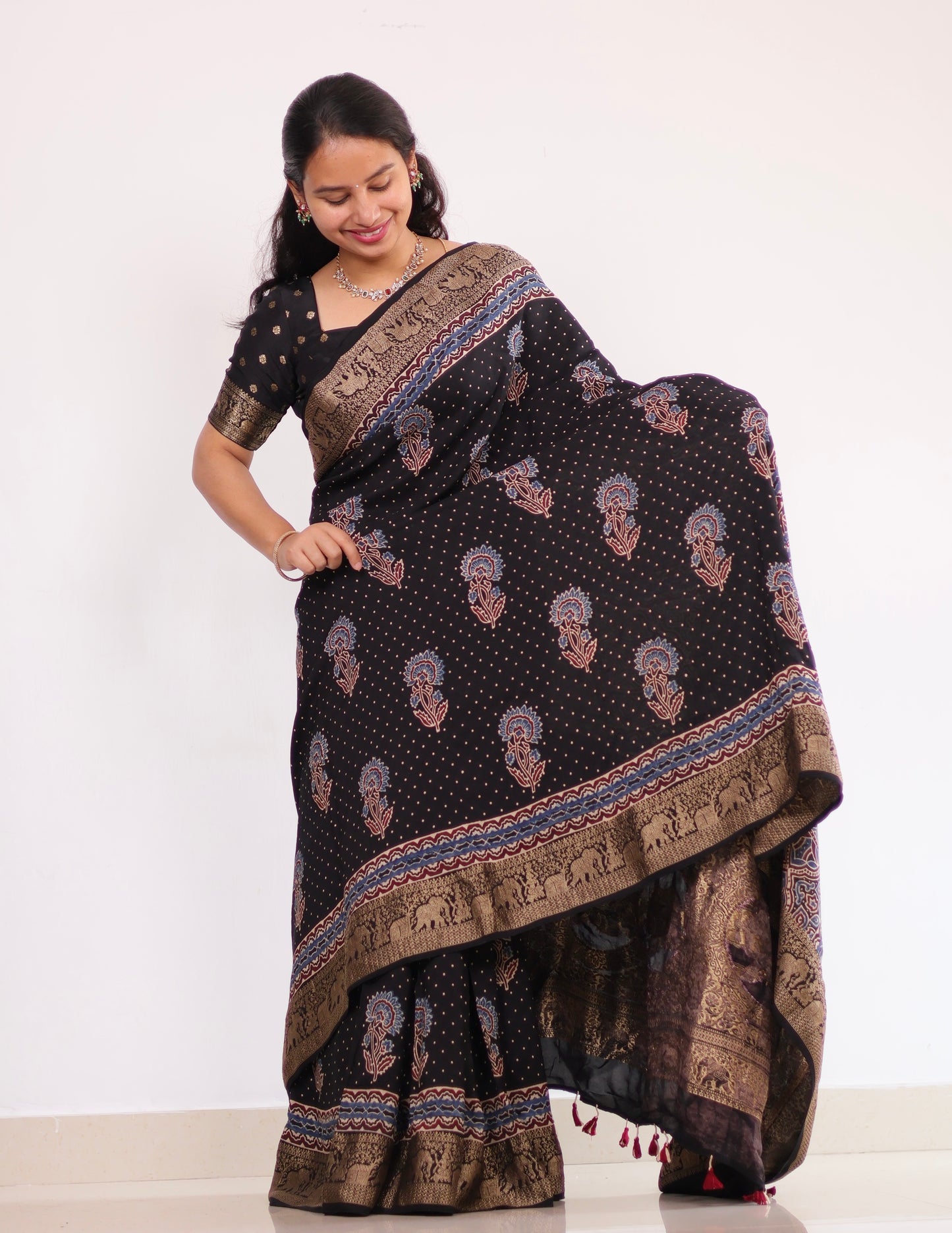 Black Ajrakh Dola Silk Saree