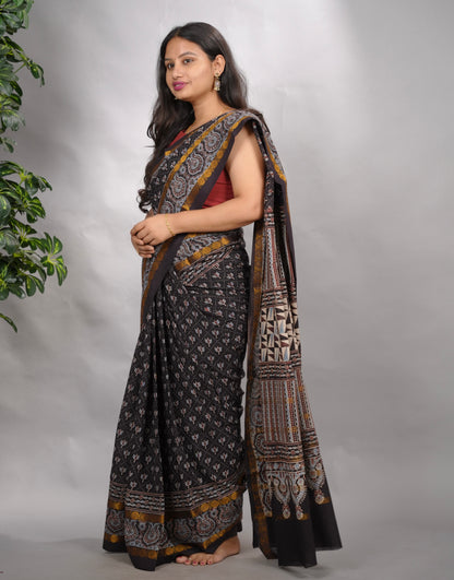 Black Ajrakh Hand Block Printed Sungudi Cotton Saree | Looms & Tassels