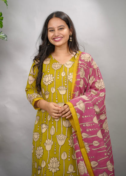 Lemon Green Kalamkari Kota Cotton 3 piece suit (stitched) | Looms & Tassels