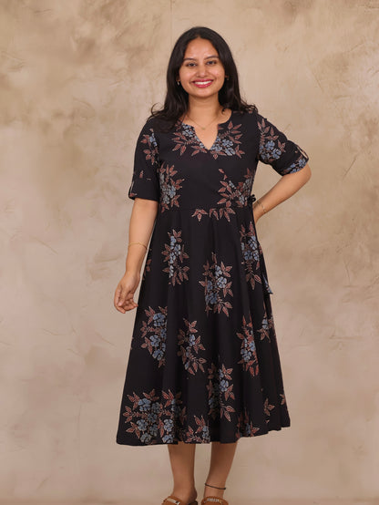 Black Pure Mul Cotton Ajrakh Mini Dress | Looms & Tassels