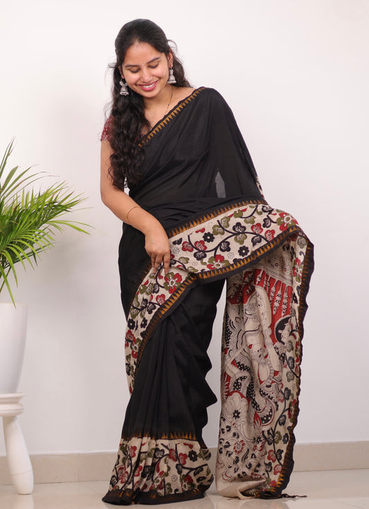 Black Plain Gap Border Kalamkari Premium Chennur Silk Handcrafted Saree
