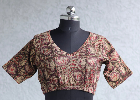 Neck Stretchable Hand block printed kalamkari blouse