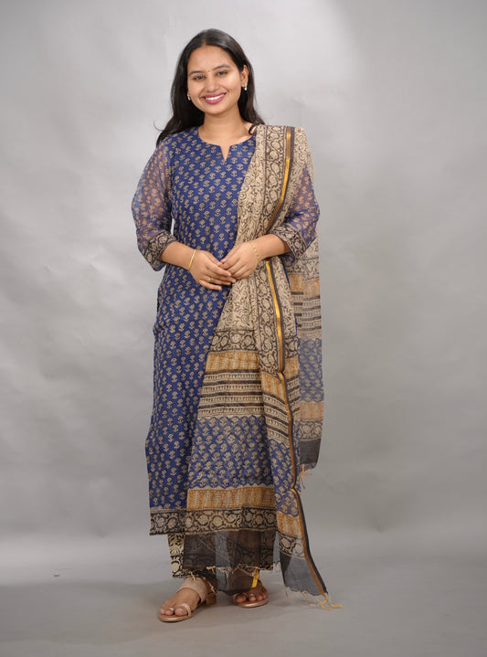 Blue Handblock printed kota 3 piece suit (stitched)| Looms & Tassels