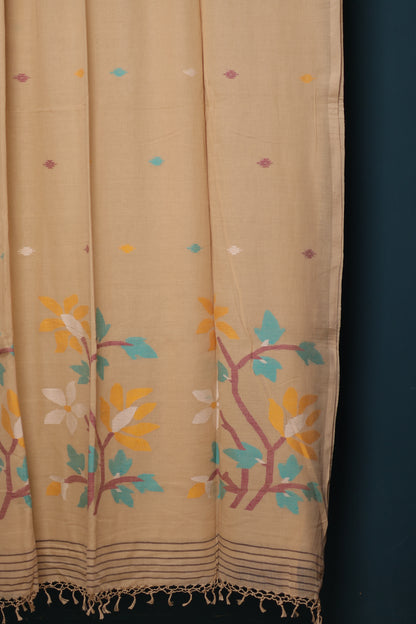 Cream Pure Handwoven Jamdhani Malai Cotton Saree