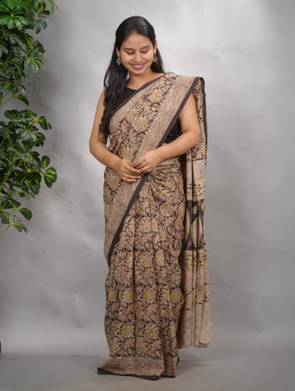 Grey Hand Block Printed Kalamkari Cotton Saree | Looms & Tassels
