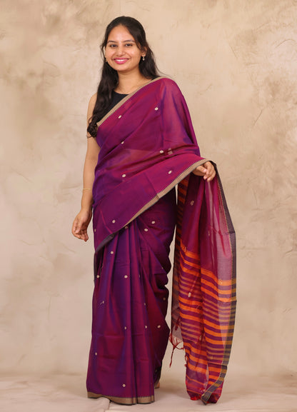 Purple Narayanpet Cotton Saree With Butta Weaving | Looms & Tassels