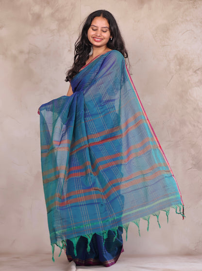 Peacock Blue Narayanpet Cotton Saree lines weaving  | Looms & Tassels