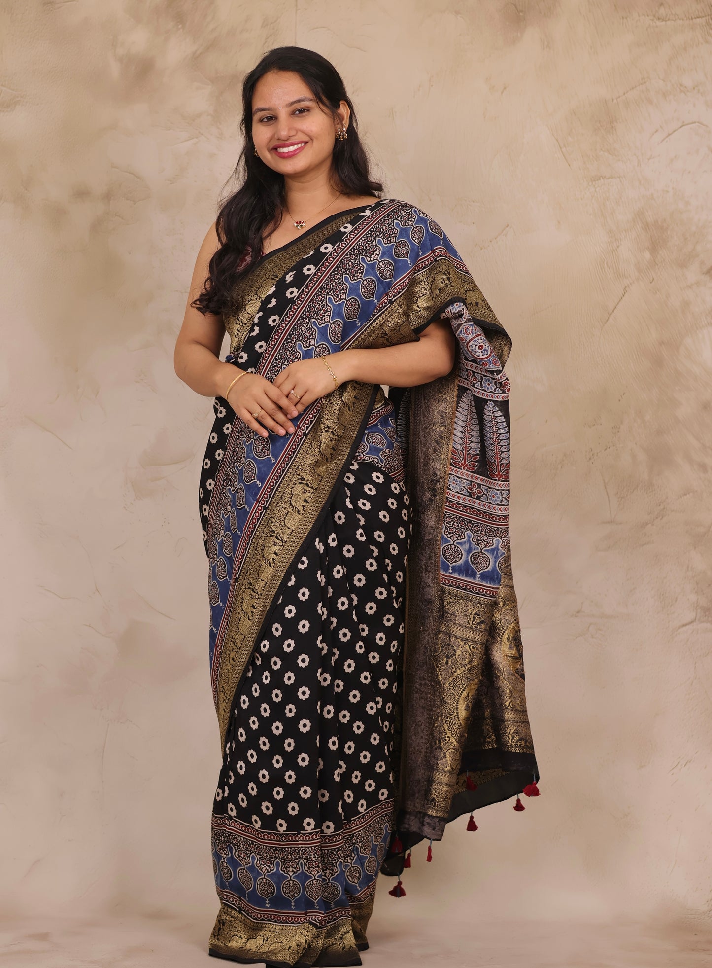 Black Ajrakh Handblock printed Dola Silk Saree | Looms & Tassels