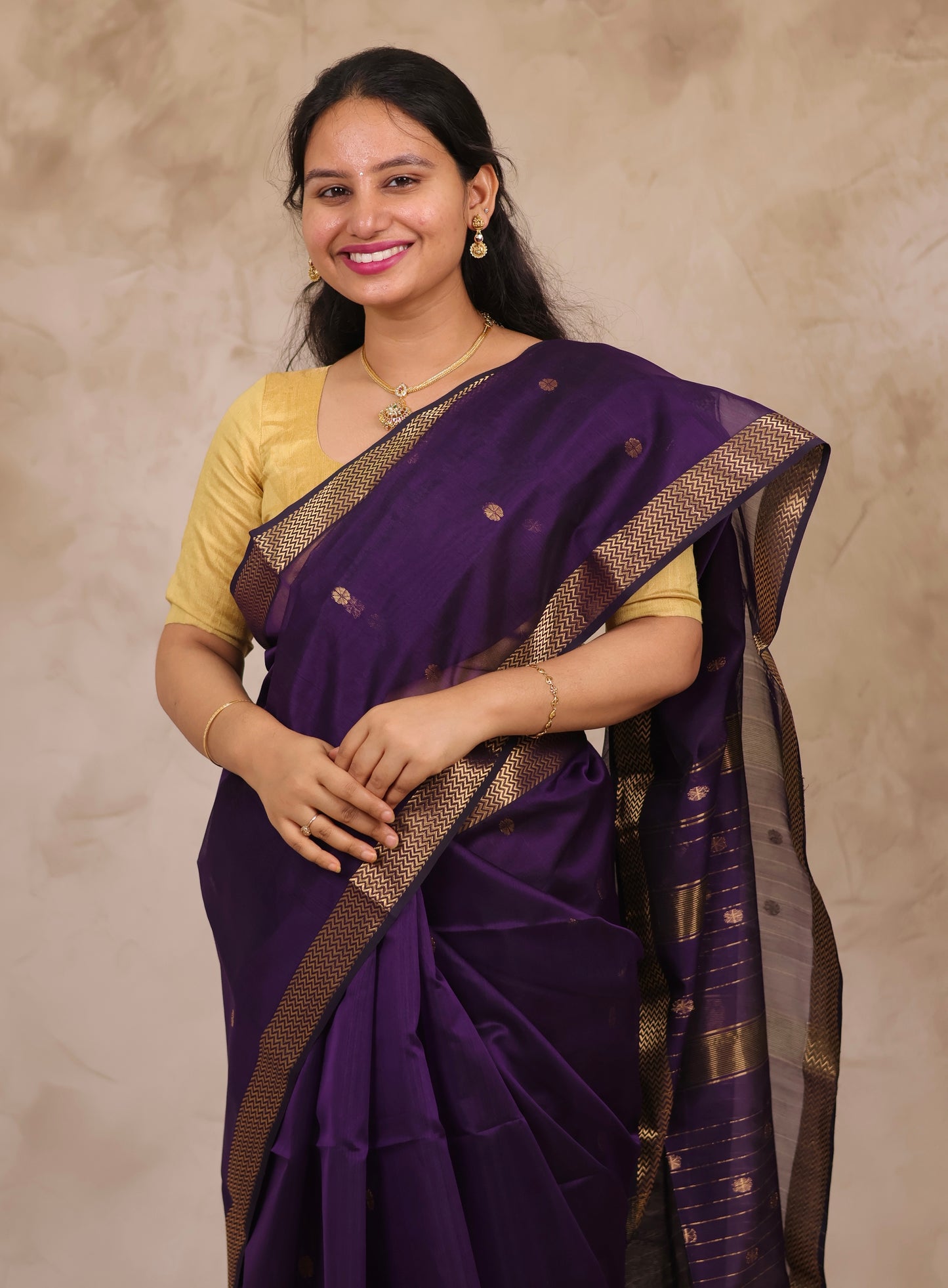 Purple Handloom Maheswari Silk Cotton Sarees | Looms & Tassels