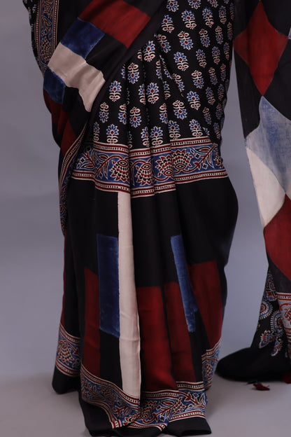Authentic Ajrakh Handblock Printed Modal Silk Saree | Looms & Tassels