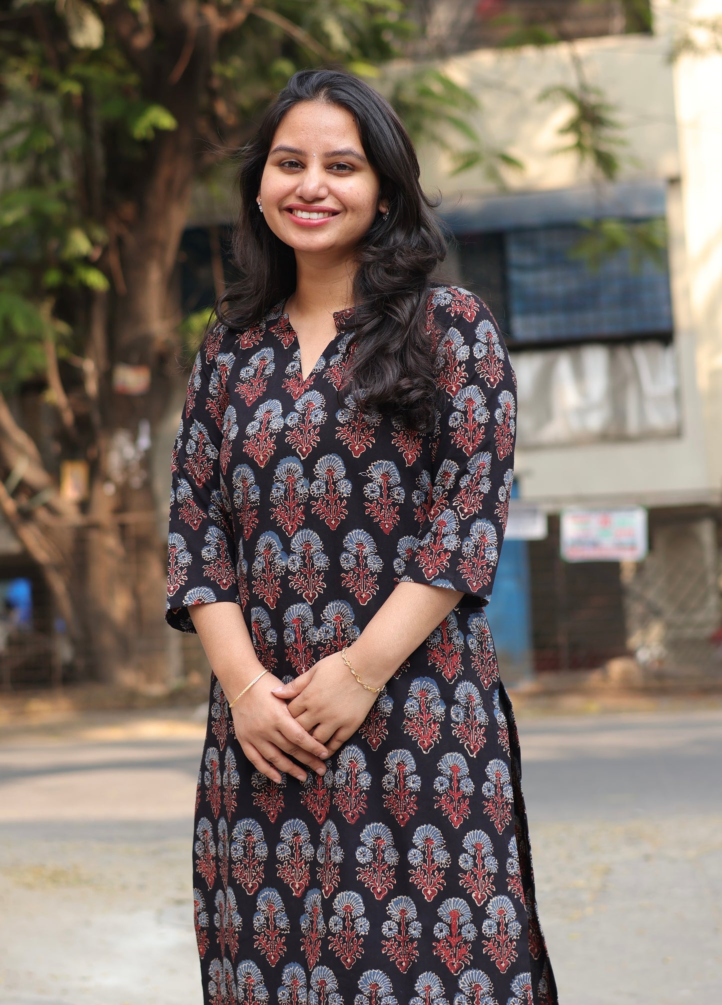 Collar Neck Ajrakh Hand Block Printed Kurti | Looms & Tassels