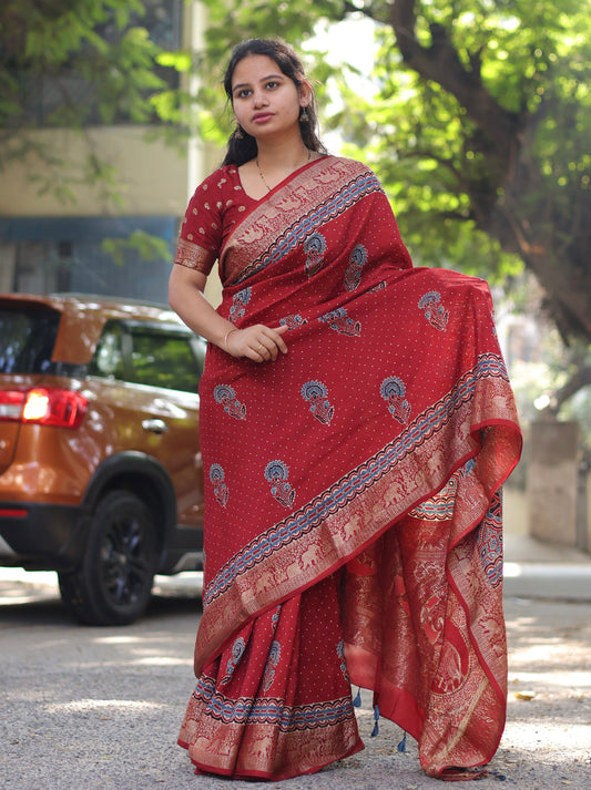 Red Ajrakh Dola Silk Saree