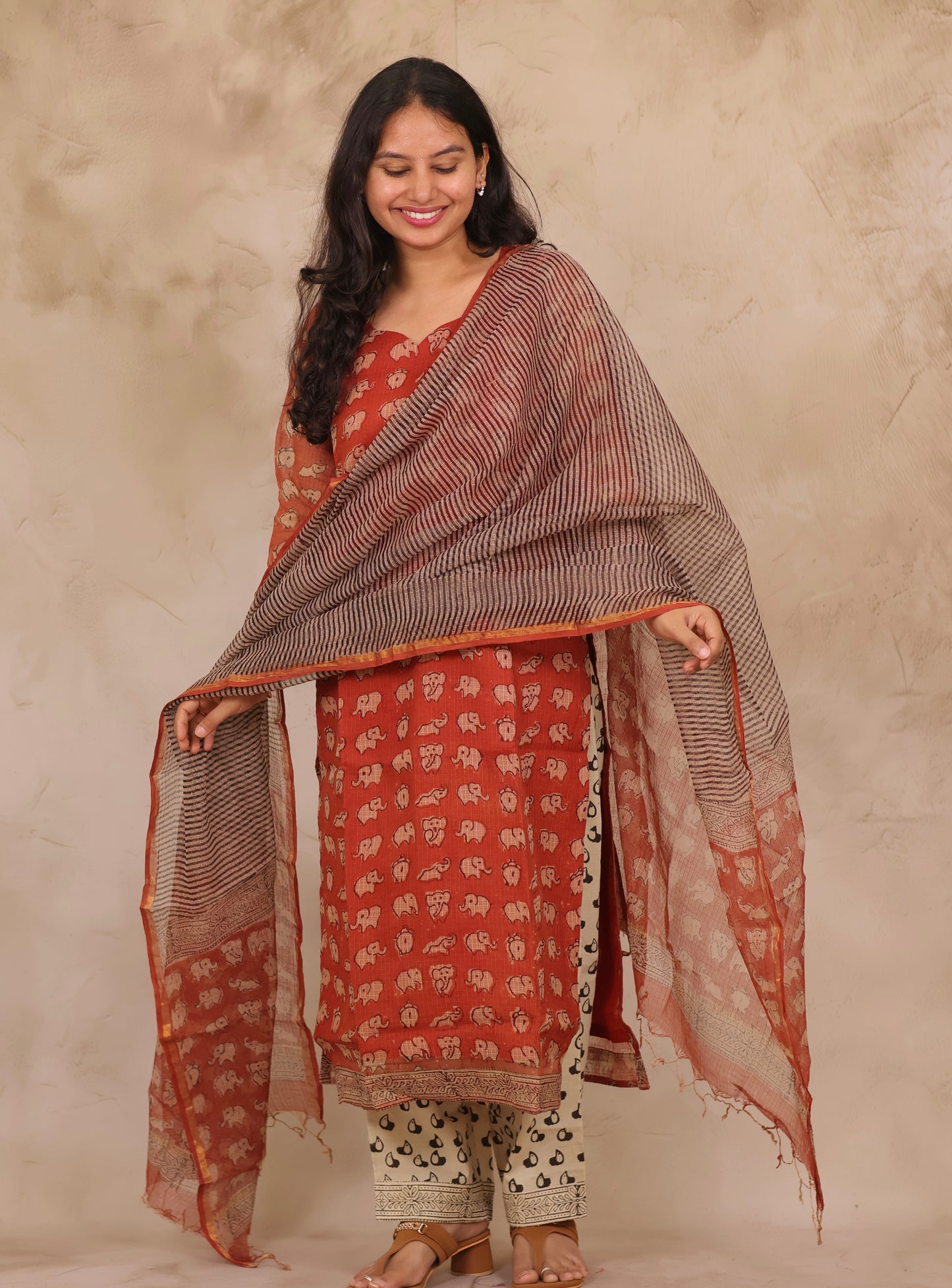 Red Elephant Handblock printed kota 3 piece suit (stitched)