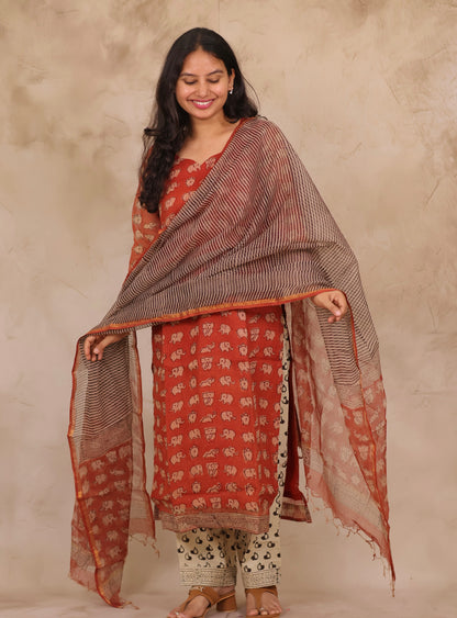 Red Elephant Handblock printed kota 3 piece suit (stitched)