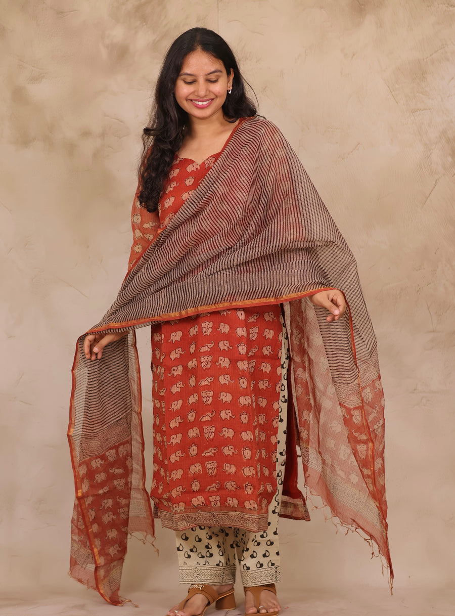 Red Elephant Handblock printed kota 3 piece suit (stitched)