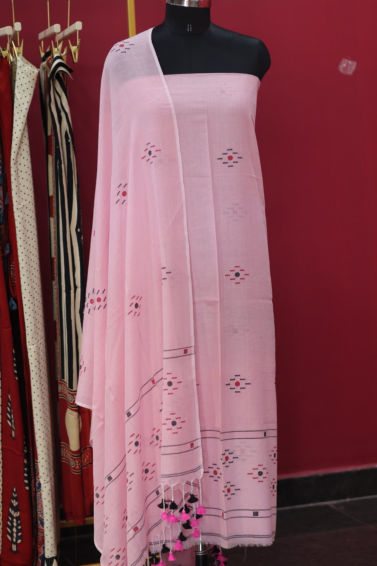 Pink  Handwoven weaving butta pure Malai cotton 2 piece suit sets