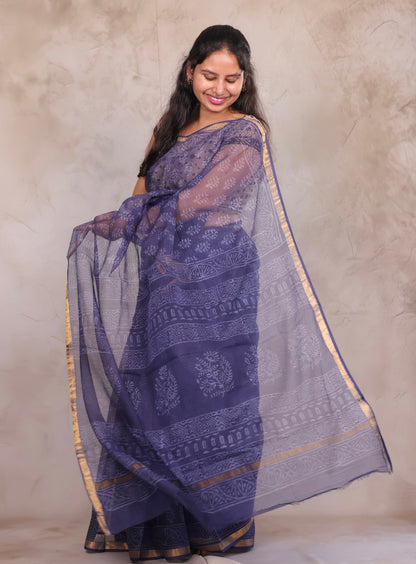 Blue Pure Kota Doria Saree with Bagru Handblock Prints | Looms & Tassels