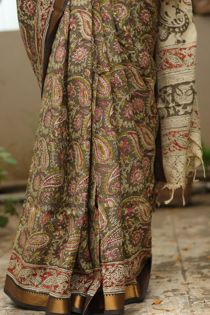 Grey Hand Block Printed Kalamkari Nizam Border Silk Sare
