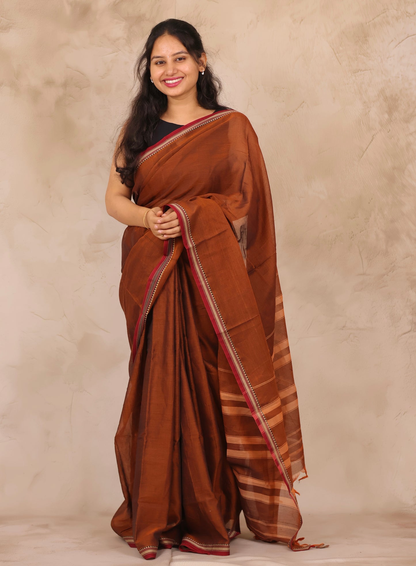 Brown Narayanpet Cotton Saree | Looms & Tassels