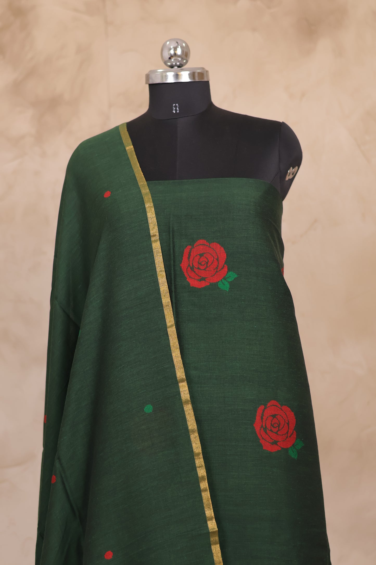 Green Handwoven Jamdhani weaving pure Mercerised Malai cotton 2 piece suit sets | Looms & Tassels