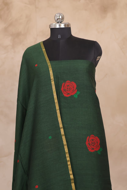 Green Handwoven Jamdhani weaving pure Mercerised Malai cotton 2 piece suit sets | Looms & Tassels