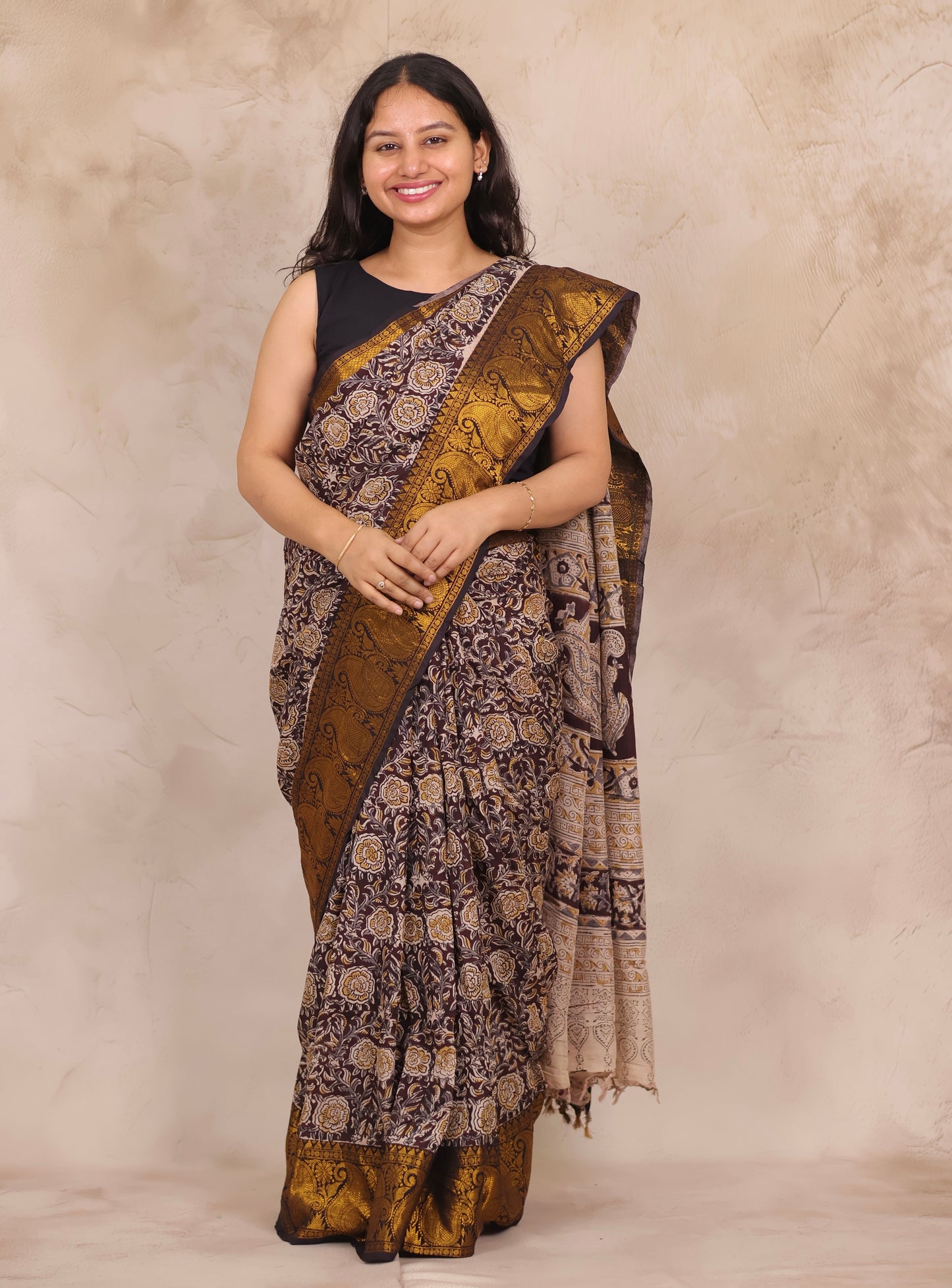 Hand Block Printed Kalamkari Kanchi Border Silk Saree