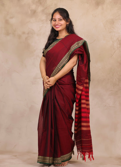 Maroon Narayanpet Cotton Saree | Looms & Tassels