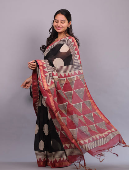 Black Bagru Hand Block Printed Maheswari Silk Cotton Saree