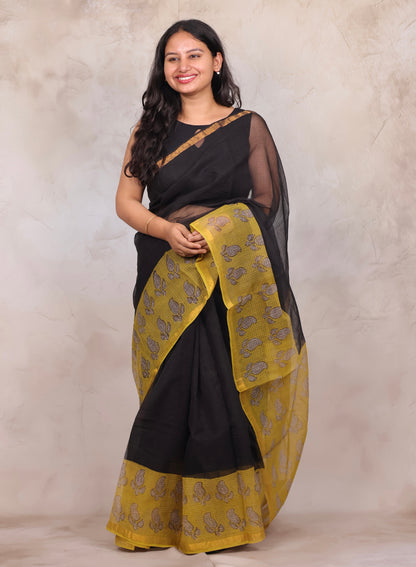 Black & Yellow Pure Kota Doria Saree with Bagru Handblock Prints | Looms & Tassels