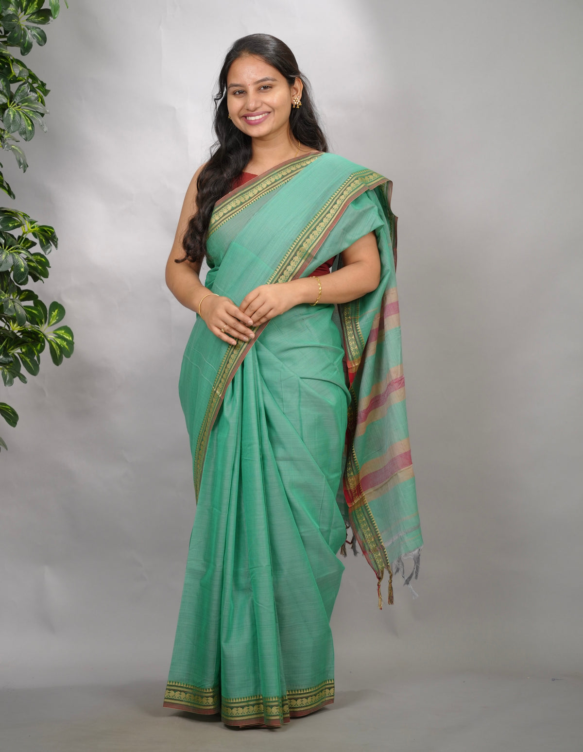 Sea Green Narayanpet Cotton Saree | Looms & Tassels
