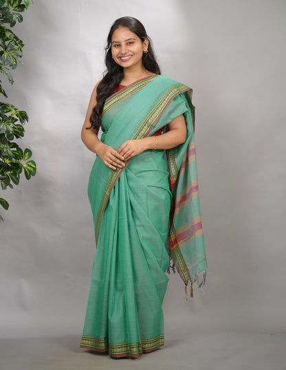 Sea Green Narayanpet Cotton Saree | Looms & Tassels