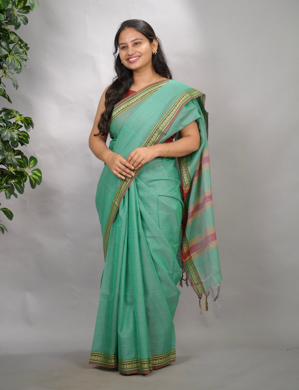 Sea Green Narayanpet Cotton Saree | Looms & Tassels