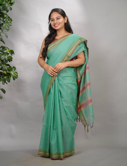 Sea Green Narayanpet Cotton Saree | Looms & Tassels