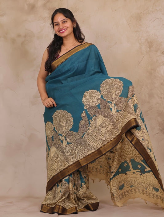Blue Kalamkari Nizam Border Chennur Silk Saree | Looms & Tassels