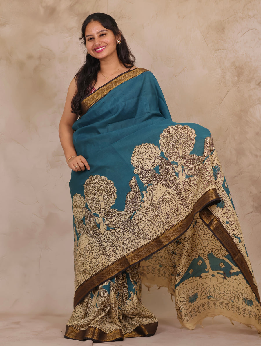 Blue Kalamkari Nizam Border Chennur Silk Saree | Looms & Tassels