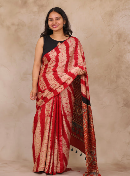 Red Needle Shibori and Ajrakh Handblock Printed Modal Silk Saree | Looms & Tassels