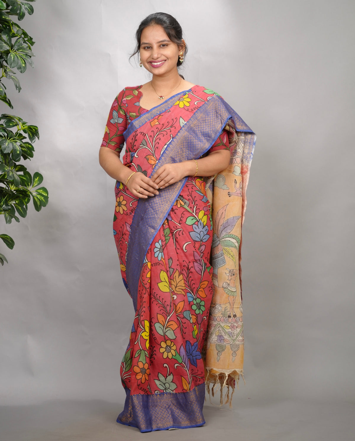 Pink Hand Drawn Pen Kalamkari Bangalore Silk Kanchi Border Saree | Looms & Tassels