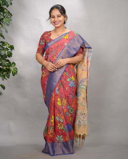 Pink Hand Drawn Pen Kalamkari Bangalore Silk Kanchi Border Saree | Looms & Tassels