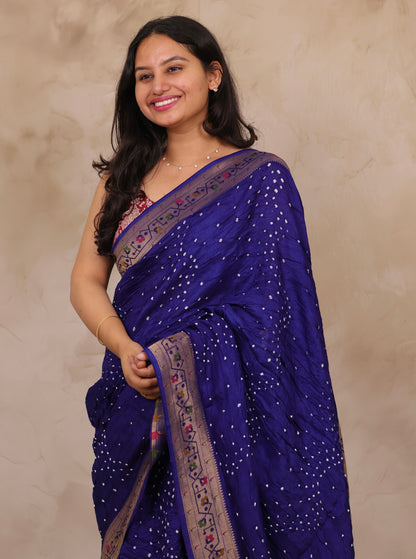 Blue Handcrafted Pattern Bandhani Paithani Dola Silk Saree | Looms & Tassels