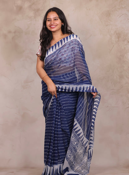 Indigo Chiffon Hand Block Printed Saree | Looms & Tassels