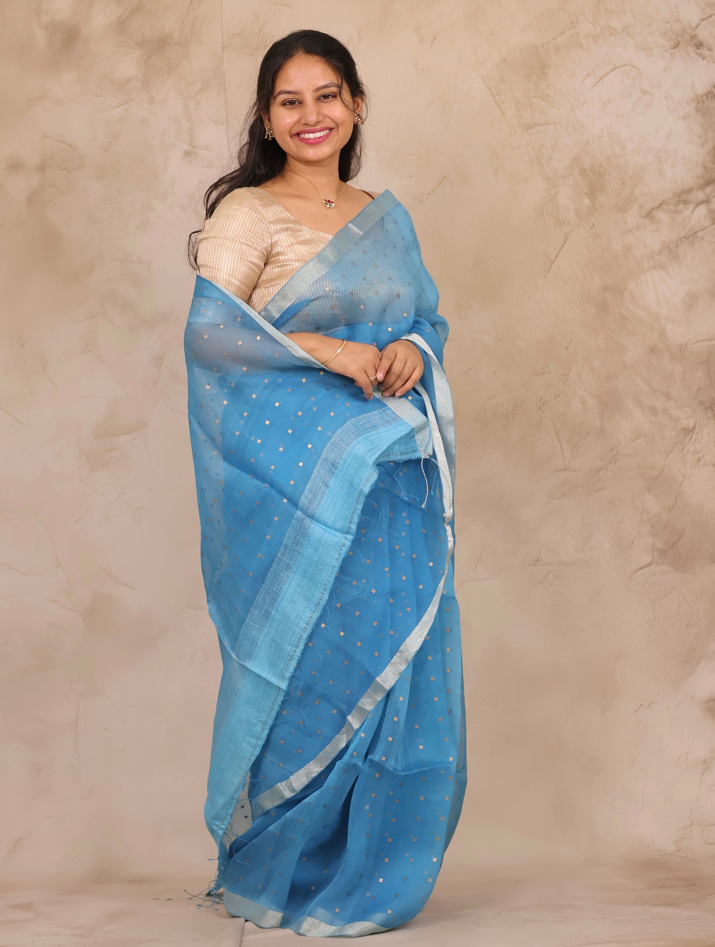 Sky Blue Handwoven Muslin Silk Saree With Sequence Work | Looms & Tassels