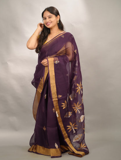 Purple Handloom Muslin Silk Saree With jamdhani weaving | Looms & Tassels