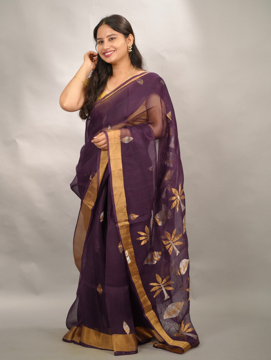 Purple Handloom Muslin Silk Saree With jamdhani weaving | Looms & Tassels