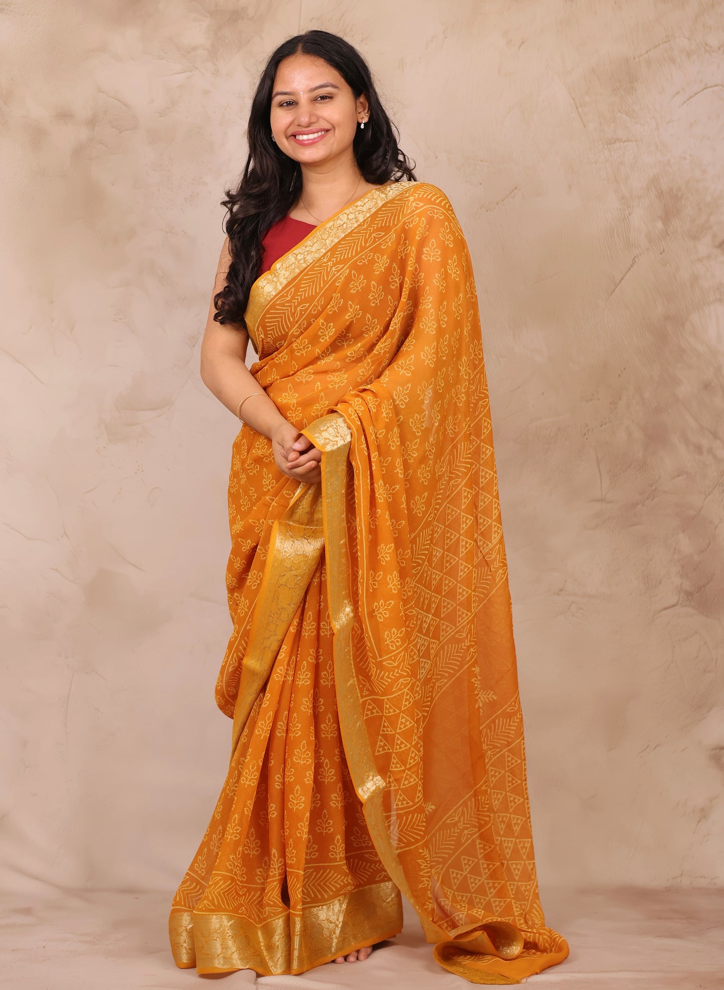 Mustard Chiffon Hand Block Printed Saree with Jari Border | Looms & Tassels